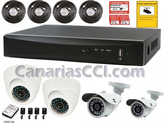 Kit videovigilancia por Internet 4 cámaras exterior - interior con  grabación digital 960H 1TB