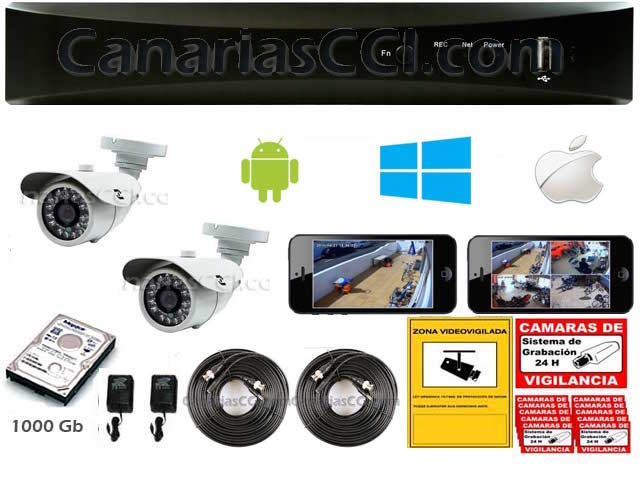 Kit videovigilancia por Internet 2 cámaras con grabación digital 960H 1000 Gb exteriores