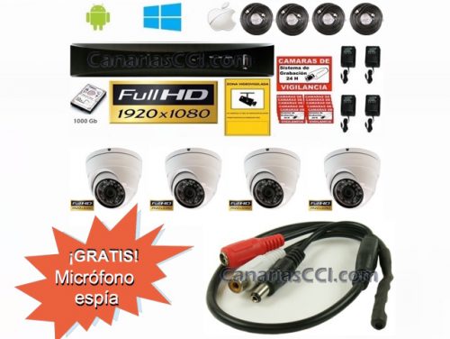 Kit videovigilancia 1080P Full-HD con micrófono espía y 4 cámaras