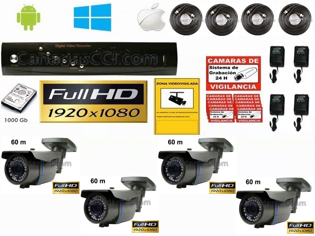 Kit videovigilancia FULL HD 3 cámaras domo varifocal y grabador de 4 canales