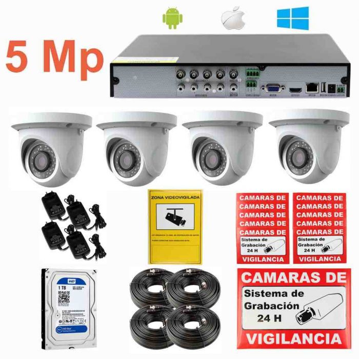 Kit de videovigilancia UHD 5 Mp 4 cámaras int&ext CCTV o por Internet