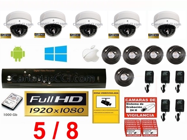 Kit videovigilancia Full-HD TVI ampliable 5 cámaras IR 1080P exterior  interior