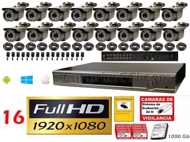 Kit videovigilancia 1080P Full-HD TVI 16 cámaras IR exterior